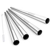 4 Pcs Reusable Straight / Bent Drinking Stainless Steel Straws With 1 Pc Cleaning Cleaner Brush