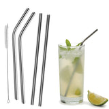 4 Pcs Reusable Straight / Bent Drinking Stainless Steel Straws With 1 Pc Cleaning Cleaner Brush