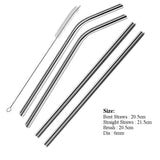 4 Pcs Reusable Straight / Bent Drinking Stainless Steel Straws With 1 Pc Cleaning Cleaner Brush