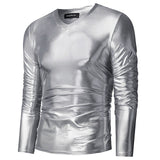 Bright Men's Top Night Club Wear Men T-Shirt Long Sleeve Silver Golden Shining T-shirts