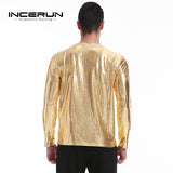 Bright Men's Top Night Club Wear Men T-Shirt Long Sleeve Silver Golden Shining T-shirts