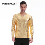 Bright Men's Top Night Club Wear Men T-Shirt Long Sleeve Silver Golden Shining T-shirts