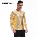 Bright Men's Top Night Club Wear Men T-Shirt Long Sleeve Silver Golden Shining T-shirts