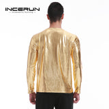 Bright Men's Top Night Club Wear Men T-Shirt Long Sleeve Silver Golden Shining T-shirts