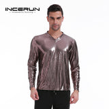 Bright Men's Top Night Club Wear Men T-Shirt Long Sleeve Silver Golden Shining T-shirts