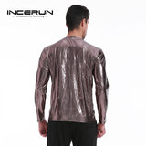 Bright Men's Top Night Club Wear Men T-Shirt Long Sleeve Silver Golden Shining T-shirts