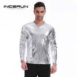 Bright Men's Top Night Club Wear Men T-Shirt Long Sleeve Silver Golden Shining T-shirts