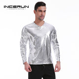 Bright Men's Top Night Club Wear Men T-Shirt Long Sleeve Silver Golden Shining T-shirts