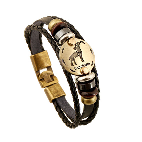 Astrology Sign Leather Bracelet for Men and Women