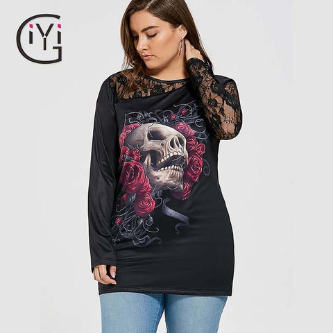 Plus Size 5 XL Lace Crochet Floral Skull Print T-shirt