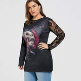 Plus Size 5 XL Lace Crochet Floral Skull Print T-shirt