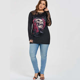 Plus Size 5 XL Lace Crochet Floral Skull Print T-shirt