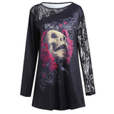 Plus Size 5 XL Lace Crochet Floral Skull Print T-shirt