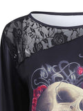 Plus Size 5 XL Lace Crochet Floral Skull Print T-shirt